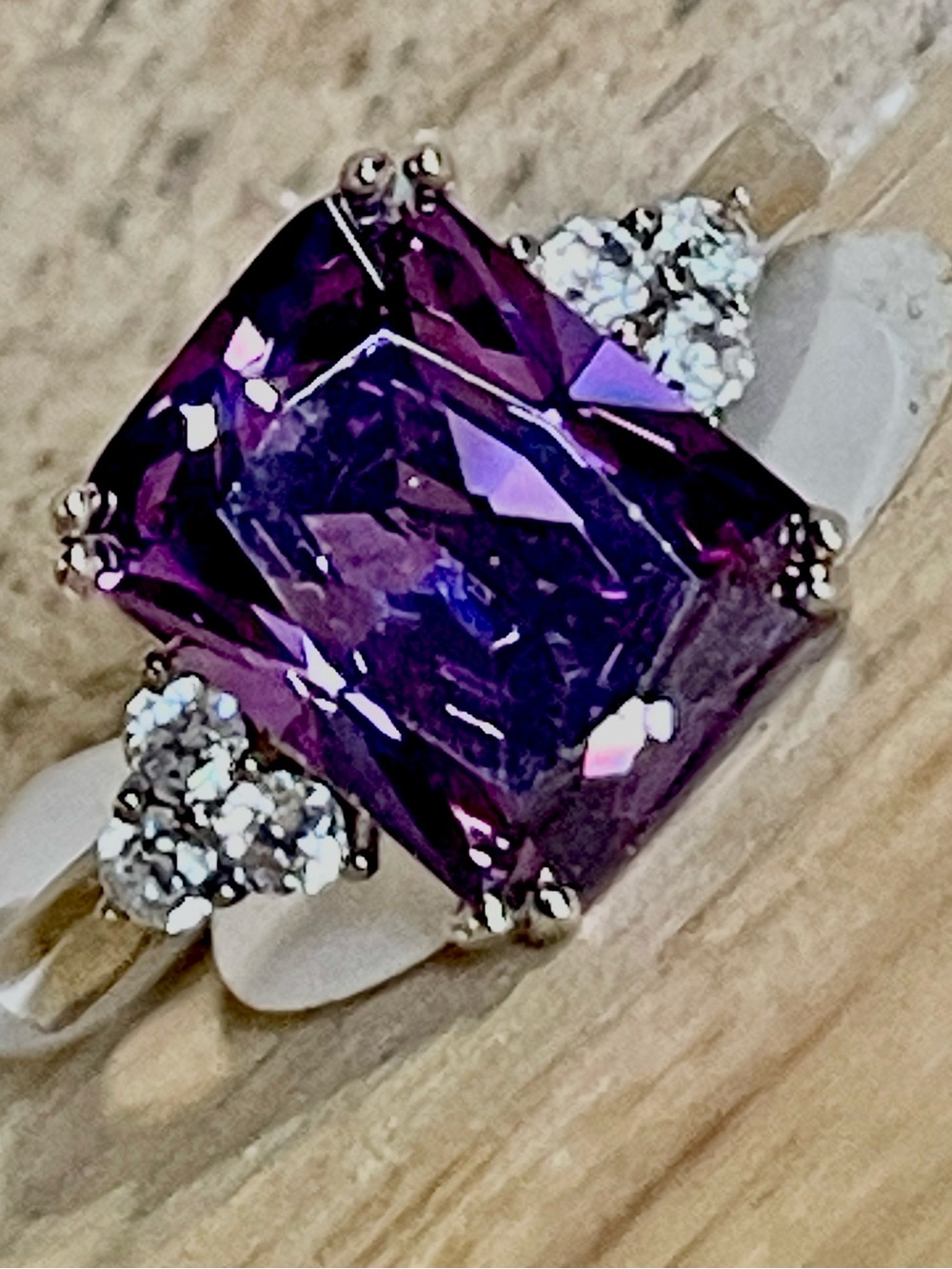 Genuine Amethyst Ring with Side Accents Set in 925 Sterling Silver - Picture 2 of 5